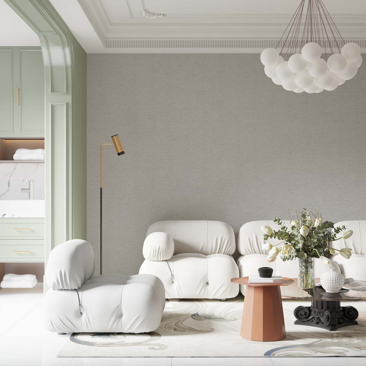 Contemporary grey wallpaper in home office with desk and natural light