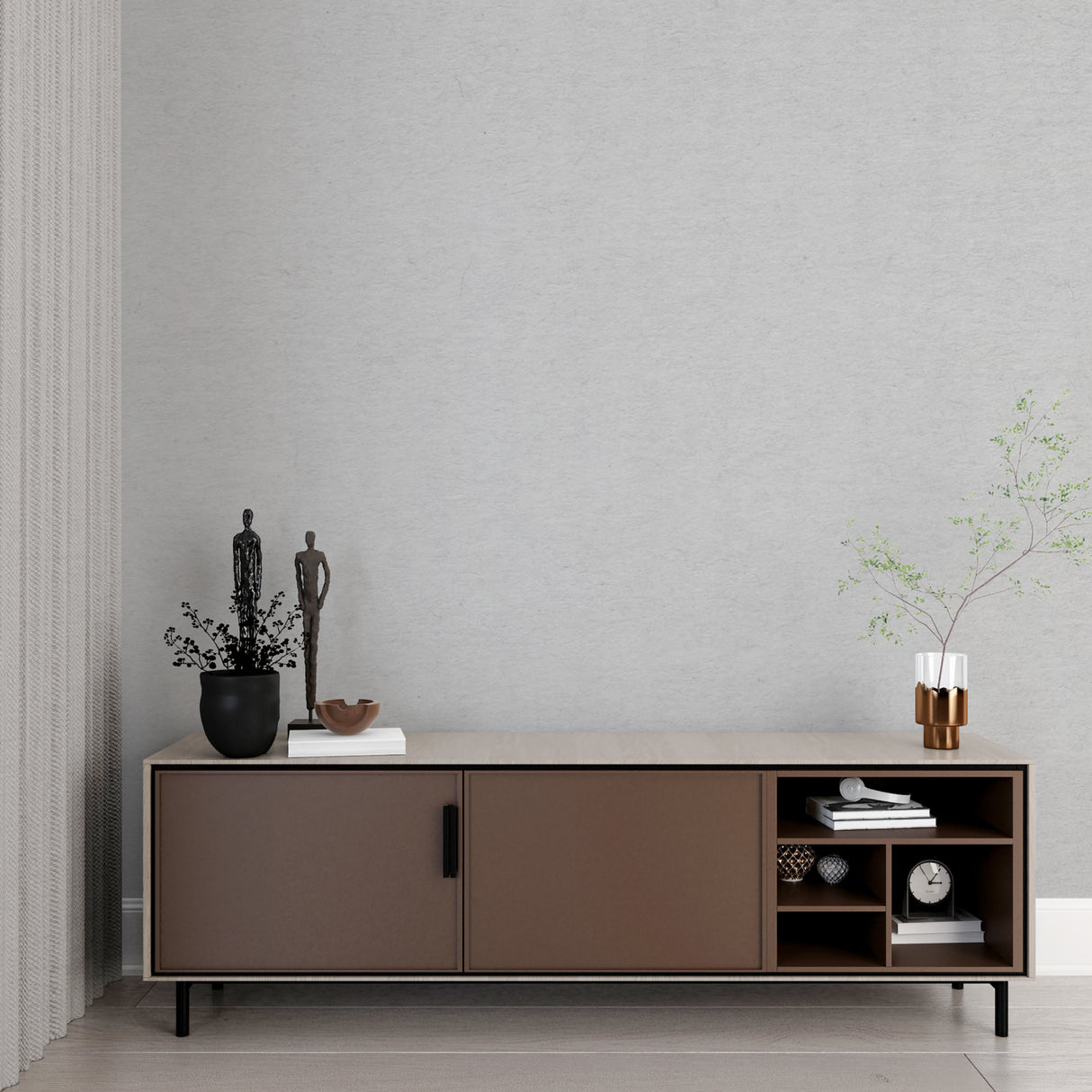 Grey wall mural in dining room showing seamless installation