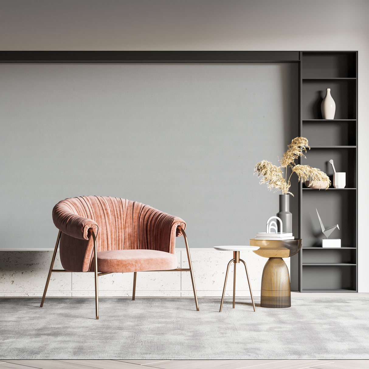 Minimalist grey wall mural creating calm in a modern home office space