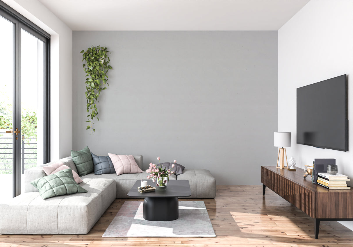 Grey modern wall mural showcased in an open-concept dining area