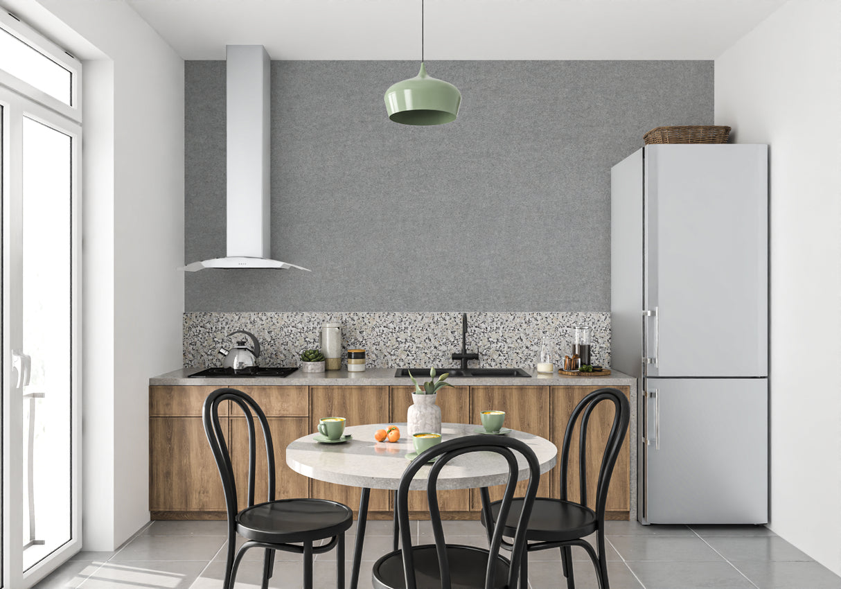 Modern grey wallpaper adding texture to a minimal dining room