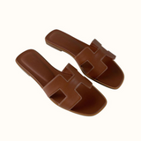 Designer Flat Sandals  White Leather H-Pattern Slides - Product example