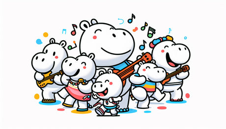 Hippo cartoon band design file showing detailed musical pattern and cheerful characters