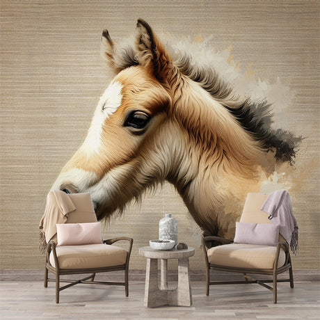 Horse Portrait Mural Wallpaper creating an elegant focal point in a modern living room with beige and cream decor