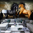 Black and gold Horse Mural Wallpaper creating drama in a modern living room with high ceilings and minimal furniture