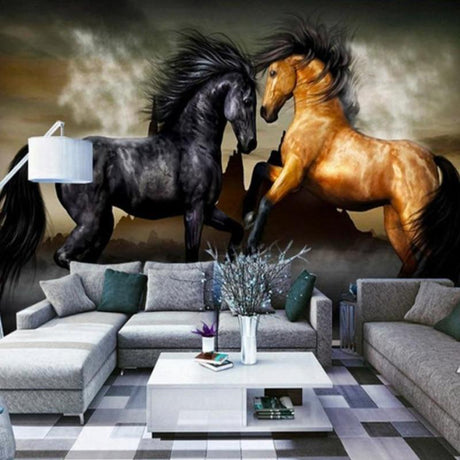 Black and gold Horse Mural Wallpaper creating drama in a modern living room with high ceilings and minimal furniture
