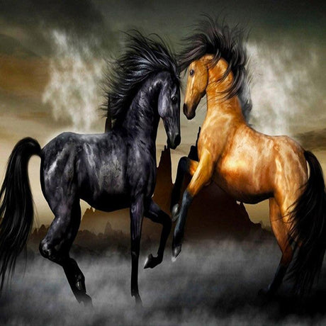 Horse Mural Wallpaper design file showing detailed black and gold stallions against stormy backdrop