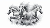 Black and white horse wallpaper design file showing three galloping horses in dynamic motion