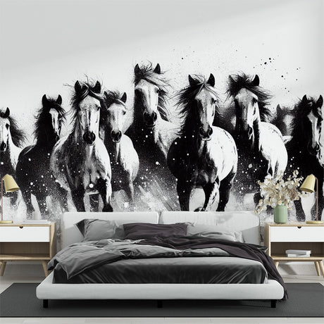 Black and white horse wallpaper mural showcased in a modern living room with minimal furniture and natural light