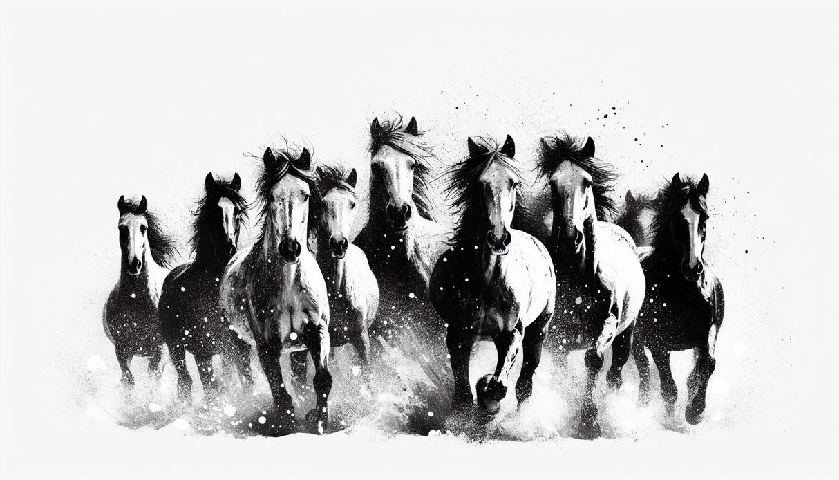 Black and white running horse design file showing detailed ink strokes and artistic composition