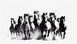 Black and white running horse design file showing detailed ink strokes and artistic composition