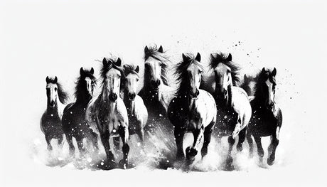 Black and white running horse design file showing detailed ink strokes and artistic composition