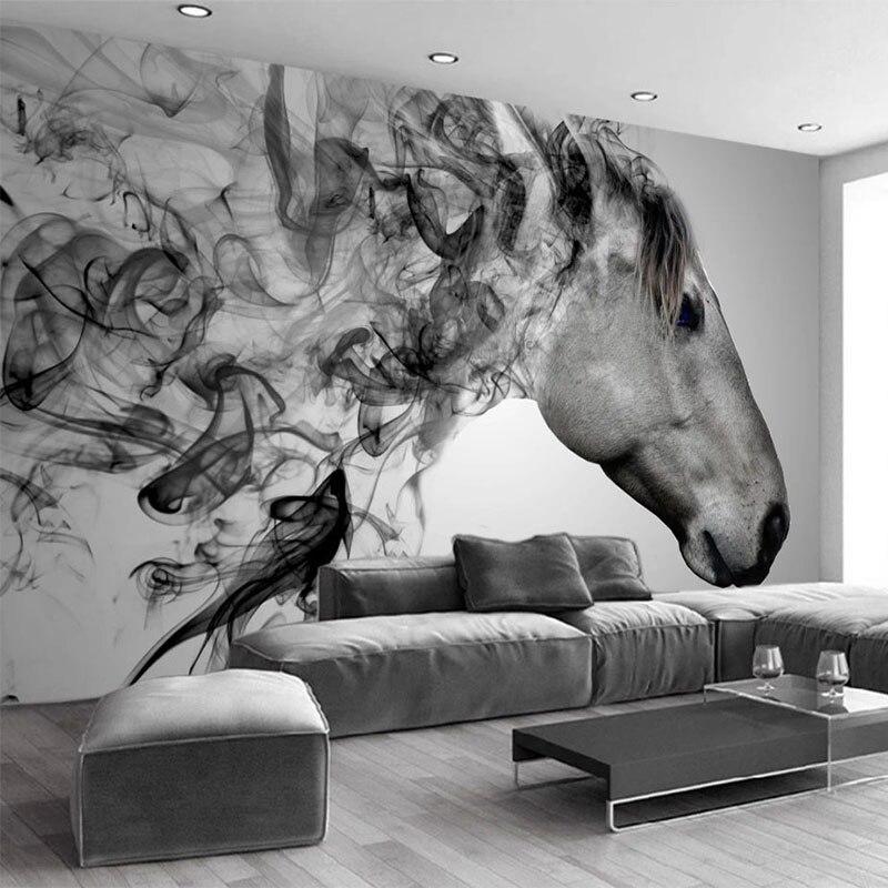 Artistic horse mural wallpaper as focal point in a master bedroom with contemporary furniture