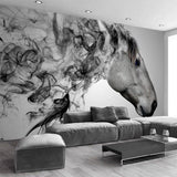 Artistic horse mural wallpaper as focal point in a master bedroom with contemporary furniture