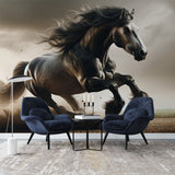 Dramatic Horse Wall Mural displayed in a modern living room, showing the racing stallion in full motion against a moody sky