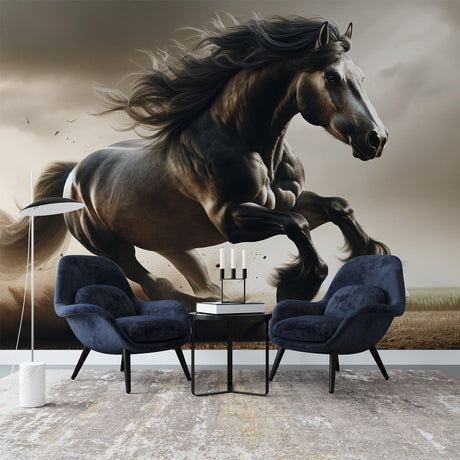 Dramatic Horse Wall Mural displayed in a modern living room, showing the racing stallion in full motion against a moody sky
