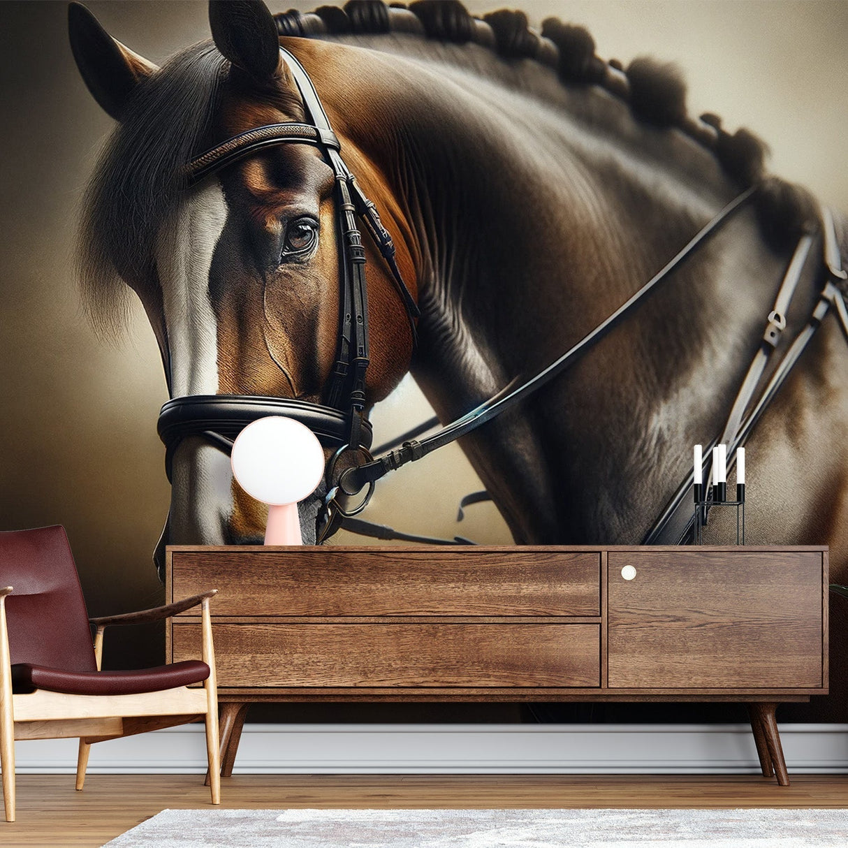Horse Portrait Wallpaper displayed in a modern living room, creating an elegant focal point with warm sepia tones