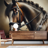 Horse Portrait Wallpaper displayed in a modern living room, creating an elegant focal point with warm sepia tones