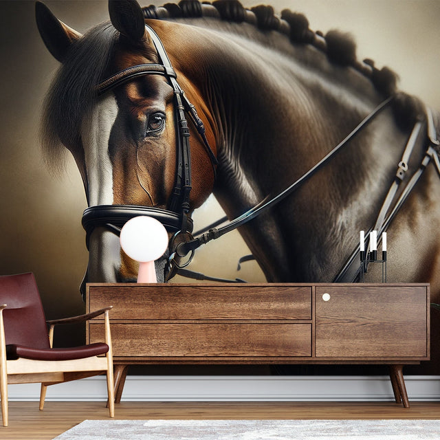 Horse Portrait Wallpaper displayed in a modern living room, creating an elegant focal point with warm sepia tones