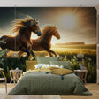 Horse mural wallpaper creating a stunning focal point in a modern living room, golden sunset tones warming the space