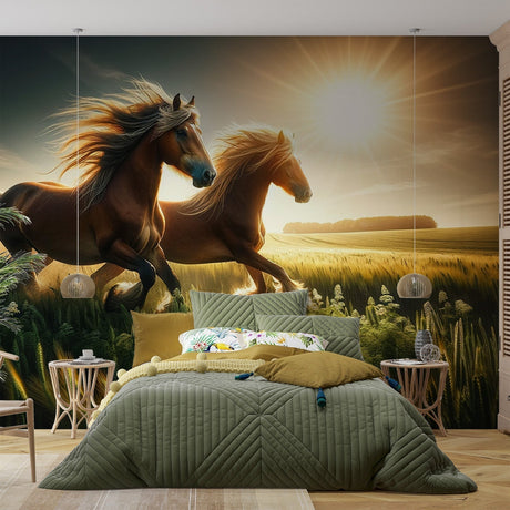 Horse mural wallpaper creating a stunning focal point in a modern living room, golden sunset tones warming the space
