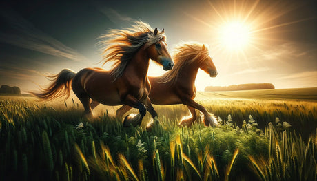 Horse wallpaper design file showing majestic steeds galloping through golden meadow at sunset