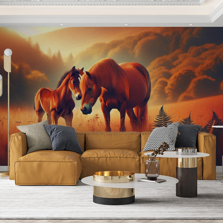 Horse mural wallpaper bringing warmth to a modern living room, mare and foal scene creating a peaceful atmosphere