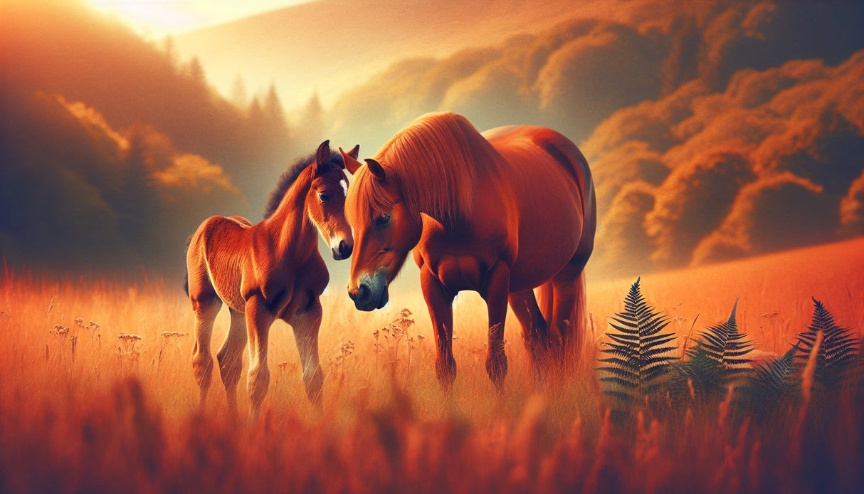 Horse wall mural design file showing detailed sunset scene with mare and foal