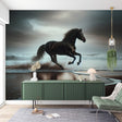 Black horse beach wallpaper mural displayed in a modern living room, creating a dramatic focal point above a gray sofa