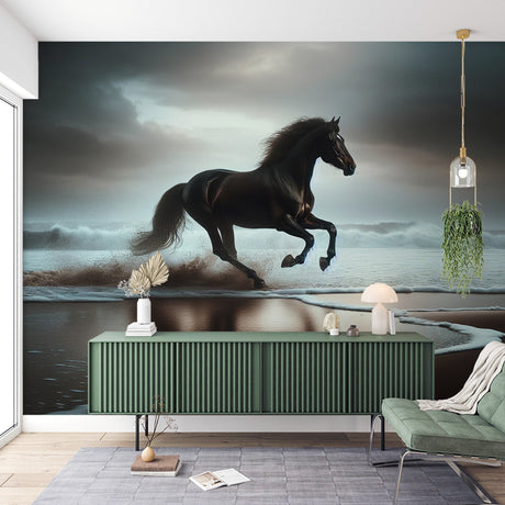 Black horse beach wallpaper mural displayed in a modern living room, creating a dramatic focal point above a gray sofa