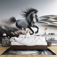 Horse wall mural creating dramatic impact in modern living room, showing grey stallion running through desert landscape