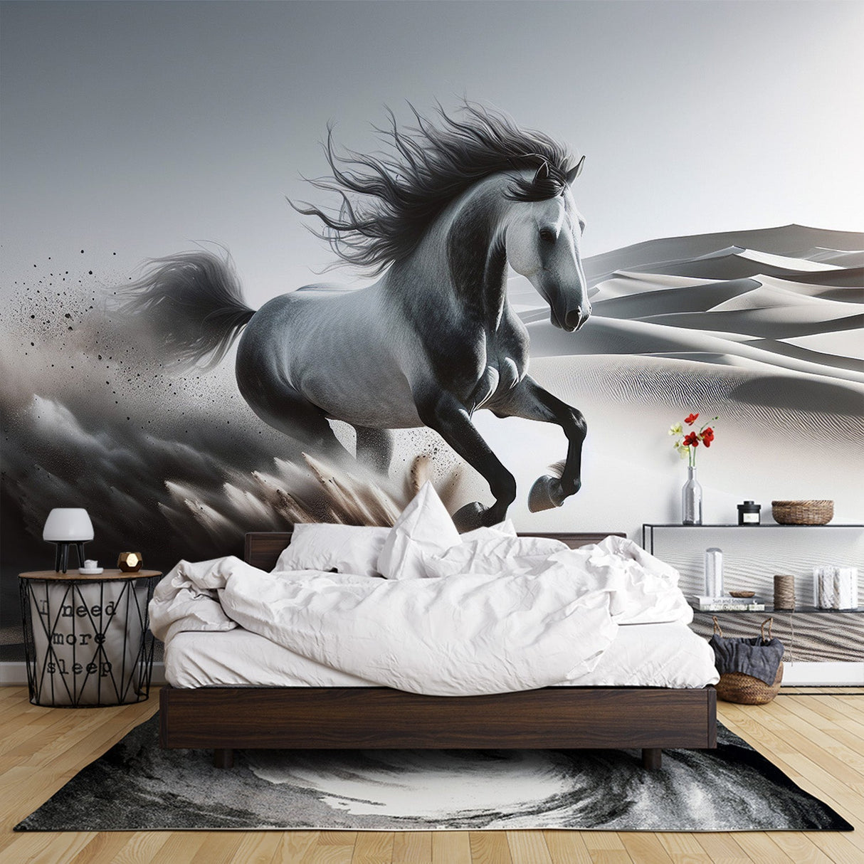 Horse wall mural creating dramatic impact in modern living room, showing grey stallion running through desert landscape