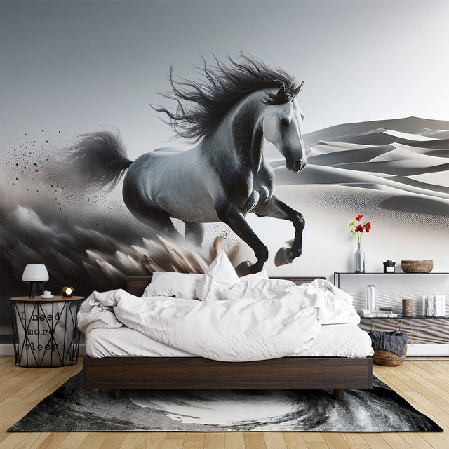 Horse wall mural creating dramatic impact in modern living room, showing grey stallion running through desert landscape