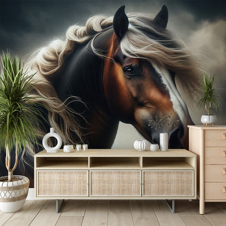Horse mural wallpaper displayed in a modern living room, showing a noble stallion portrait against a dramatic sky