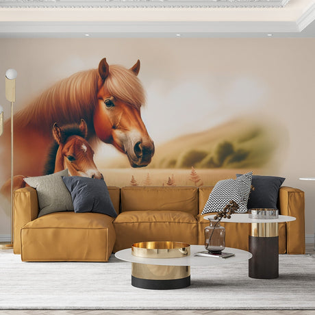 Horse mural wallpaper showcased in a bright living room, creating a peaceful natural atmosphere with mother and foal design