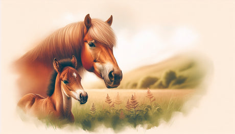 Horse wallpaper design file showing detailed mother and foal artwork in soft natural colors