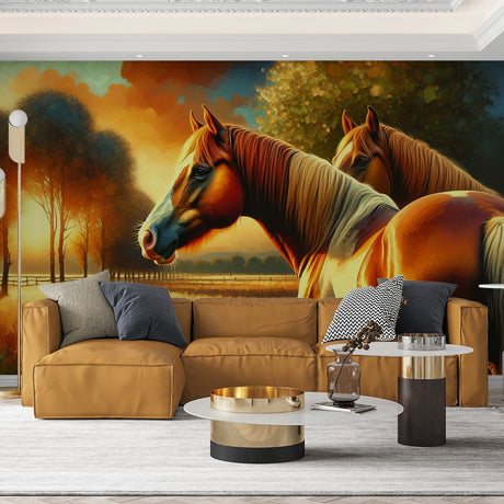 Horse mural wallpaper in cozy living room setting, showing two majestic horses at sunset creating a warm countryside atmosphere