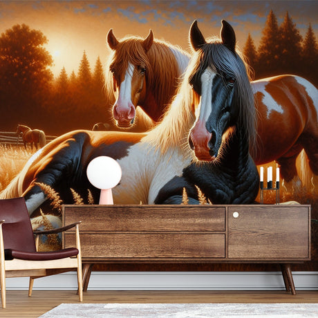 Horse Mural Wallpaper displayed in a cozy living room, showing paint horses at sunset creating a warm country atmosphere