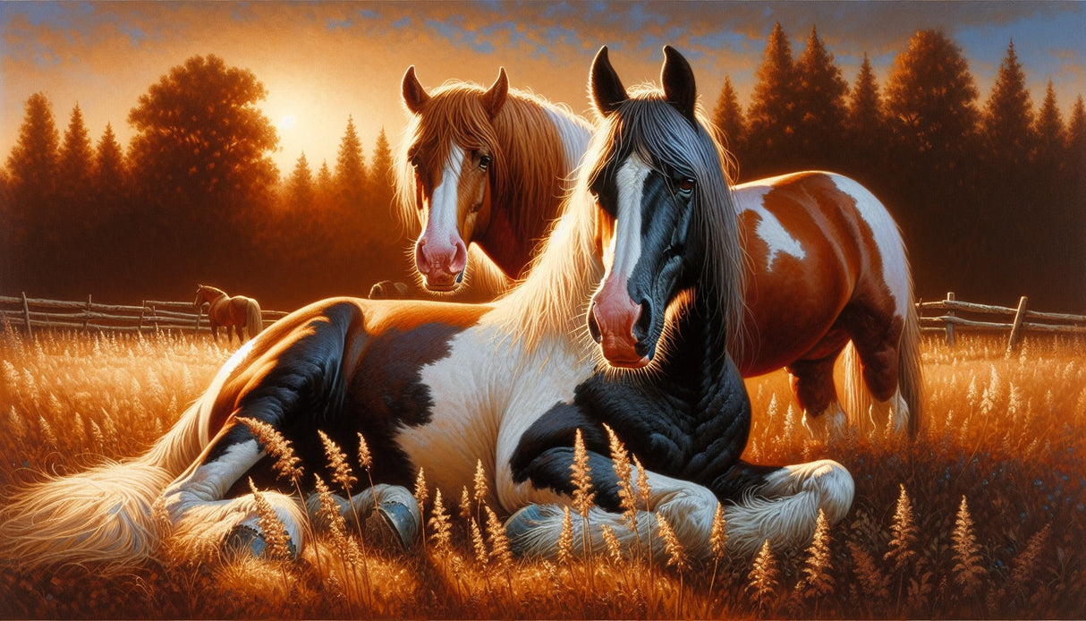 Paint horses at sunset farm scene design file showing detailed pattern and rich colors