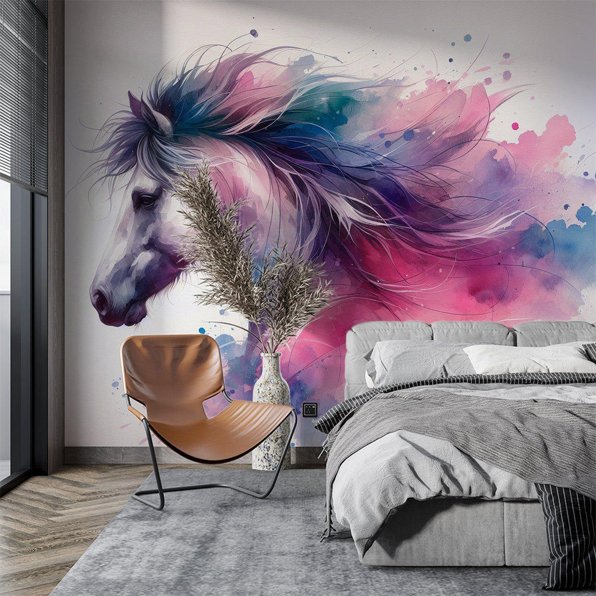 Horse wall mural in modern living room, watercolor horse art bringing soft pink and blue tones to contemporary space