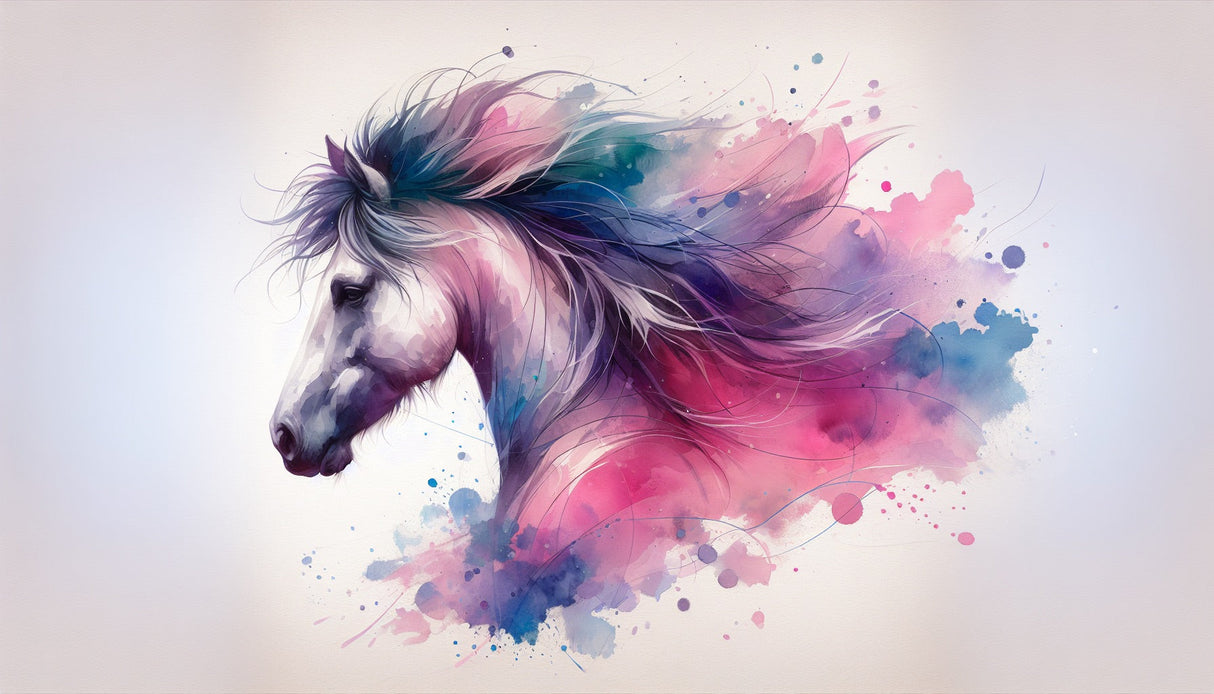Watercolor horse mural wallpaper design file showing ethereal paint splashes and detailed horse profile