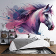 Watercolor horse mural wallpaper creating a stunning focal point in a modern living room with pink and purple accents