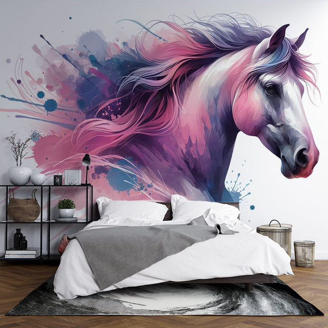 Watercolor horse mural wallpaper creating a stunning focal point in a modern living room with pink and purple accents
