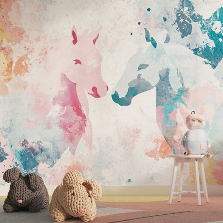Pink and blue Watercolor Horse Mural brightening a girl's bedroom with soft, dreamy atmosphere