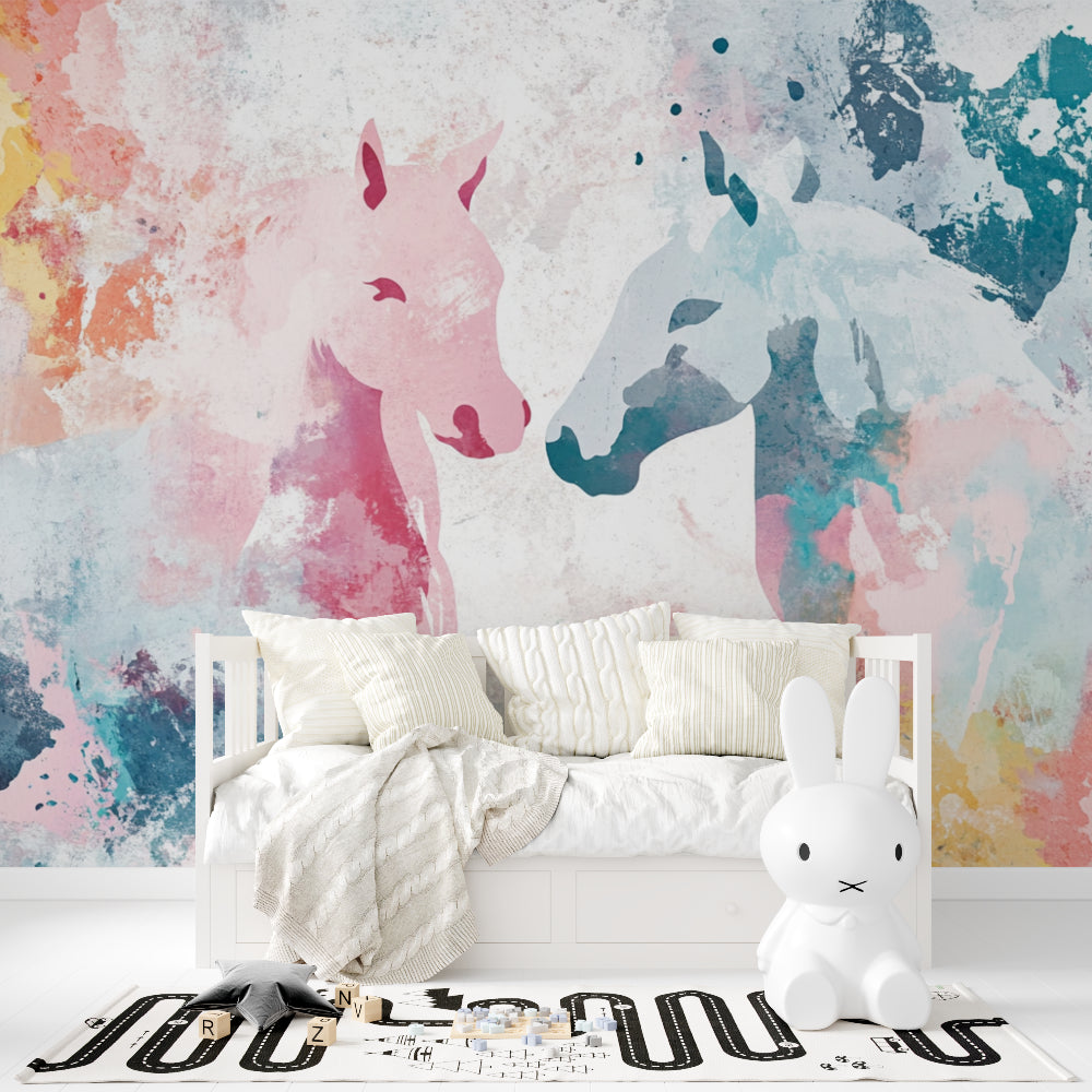 Watercolor Horse Wallpaper creating a magical accent wall in nursery room