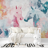 Watercolor Horse Wallpaper creating a magical accent wall in nursery room