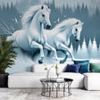Horse mural wallpaper creating a stunning feature wall in a modern living room, white stallions galloping through snowy forest
