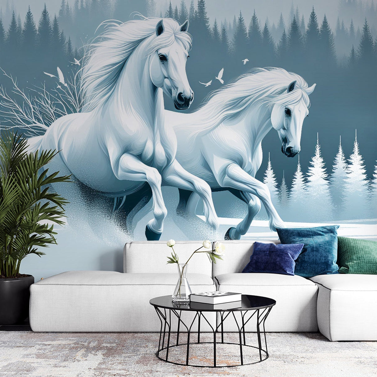 Horse mural wallpaper creating a stunning feature wall in a modern living room, white stallions galloping through snowy forest