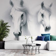 Horse mural wallpaper creating a stunning focal point in a modern living room, white stallions adding movement and grace