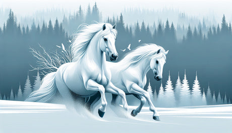 White stallions in winter forest wallpaper design file showing detailed pattern and true colors